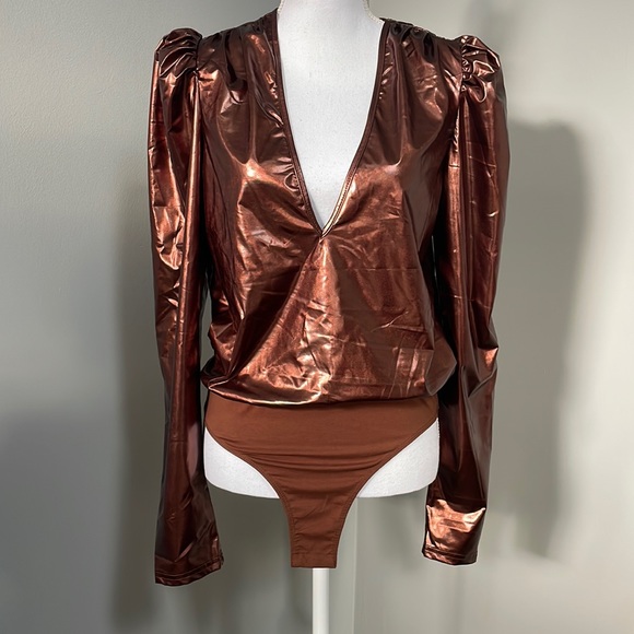 BRONZE PLUNGING NECKLINE GIGOT SLEEVE BODYSUIT - Picture 4 of 13